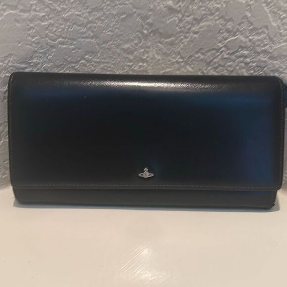 Vivienne Westwood Long Wallet Black Leather Silver Orb Logo Multicompartment - Picture 1 of 13
